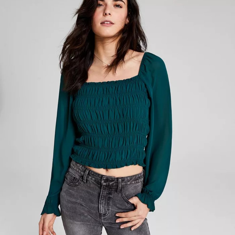 Junior's Smocked Square-neck Puff-sleeve Cropped Blouse Top Green Women Size L